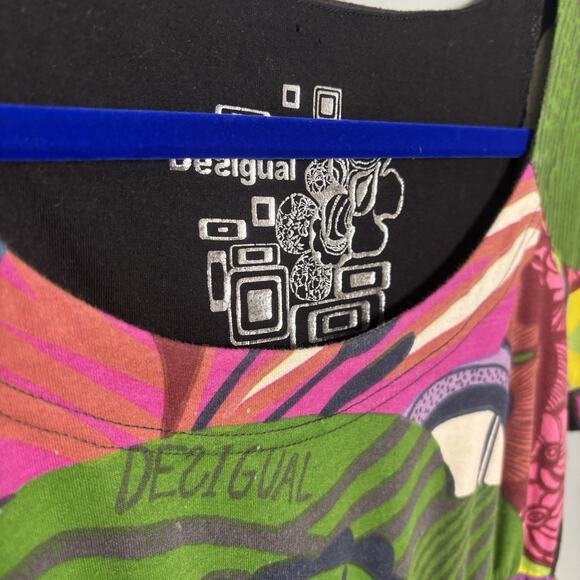 Desigual Women's Printed Round Neck Casual Blouson Dress Green/Purple Large - Picture 3 of 10